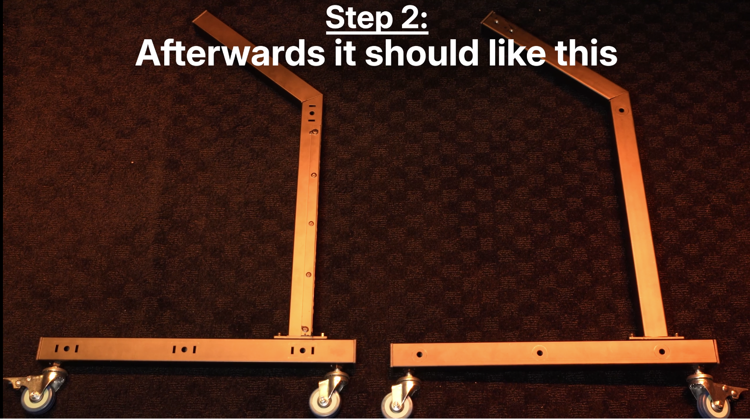 "Step 2: Afterwards it should look like this" -two matching sets of  Upright Rails attached to Base Beams, each with 2 Wheels (1 w/ Brake)&nbsp;attached