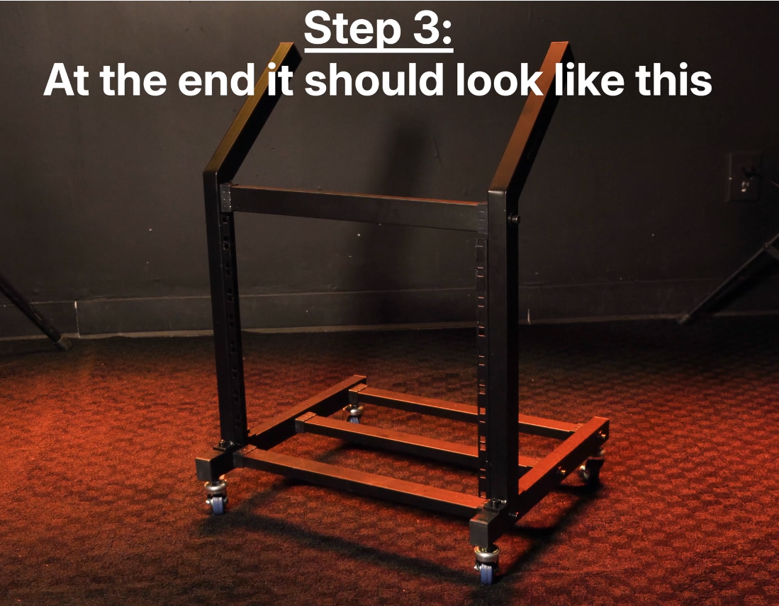 "Step 3: At the end it should look like this" 2 sets of Upright Rails with Base Beams attached that are connected with 4 Connecting Beams