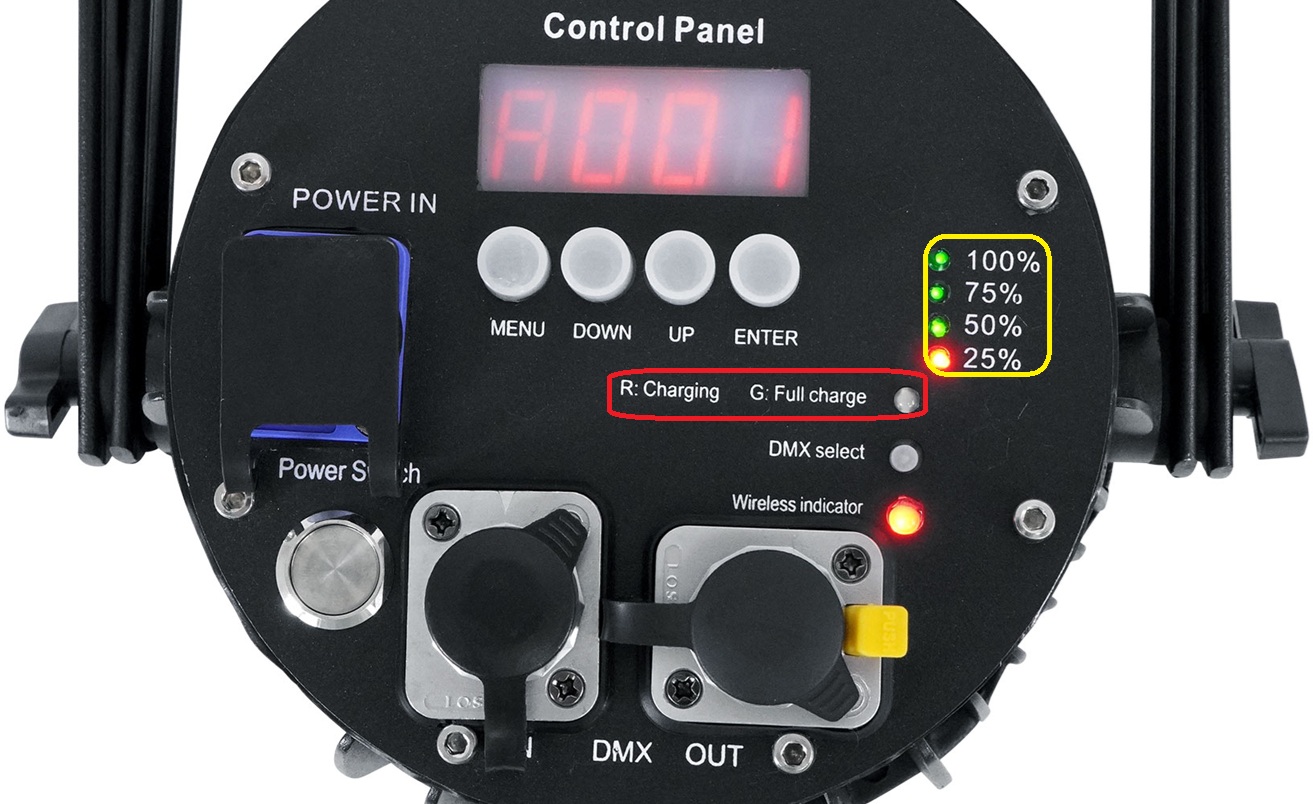 Best Par H2O Rear Panel: Display on top with Menu, Down, Up, Enter buttons directly below. Power In and Power Switch on the left side. Charging Indicators on the right side. DMX In and DMX Out on the bottom.