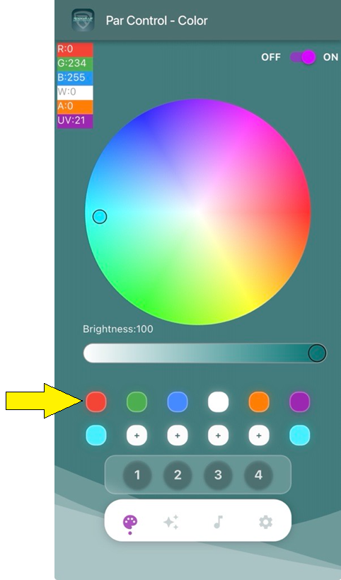 Red, Green, Blue, White, Orange, Purple solid color icons horizontally across the center of the smartphone screen 