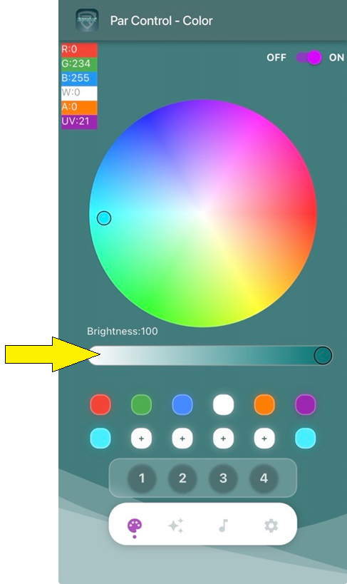 Horizontal across the center of the screen(below color wheel, above standard color buttons); 100% brightness all the way to the left, 0% brightness all the way to the right.