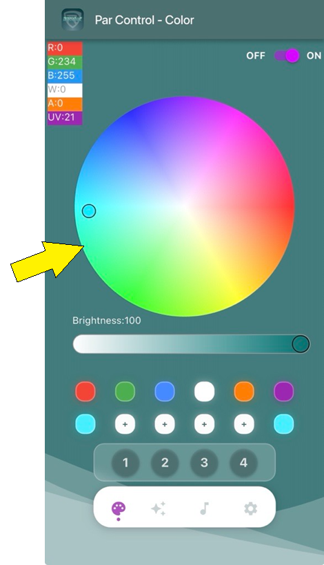 Wheel of color in the top portion of the smartphone screen; Red on the far right, Yellow on the lower right, Green on the lower left, Blue on the top left, Purple on the top right.