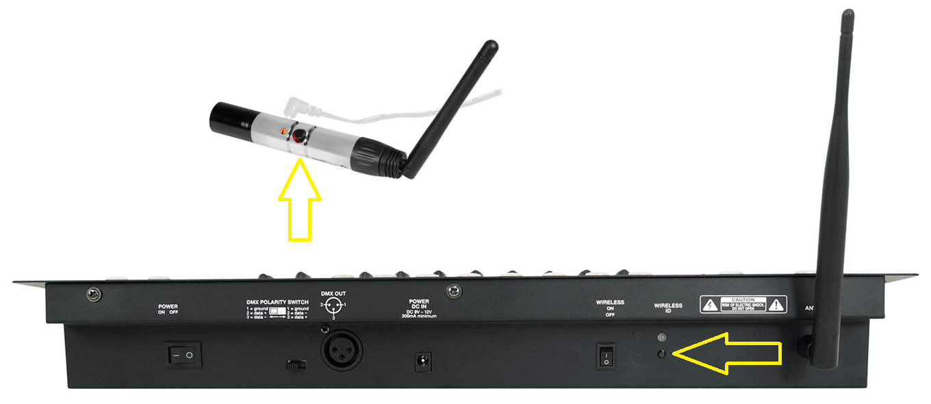 Single button on center of Rockville DMX-WTR, Wireless ID Button on the back(right side) of the Rockville RockForce.