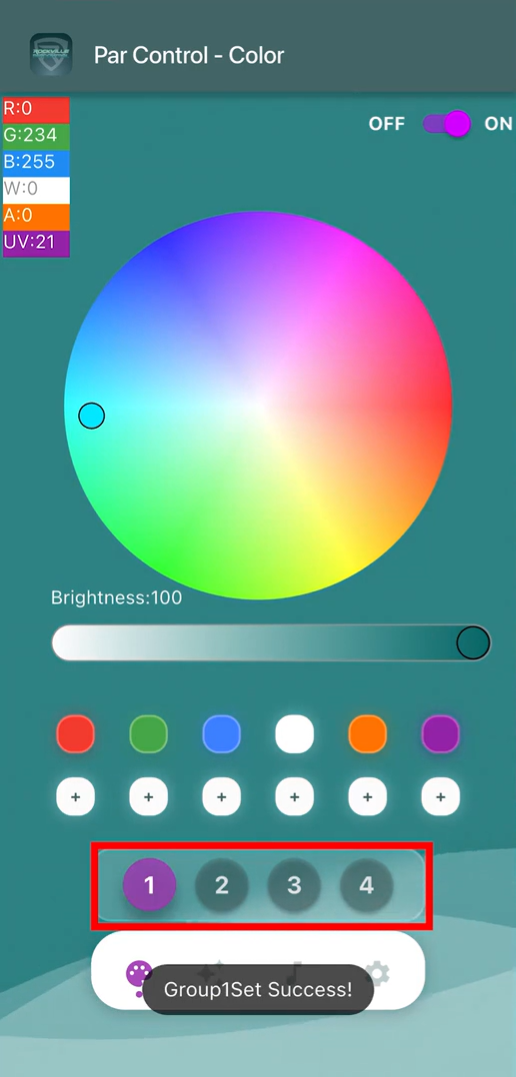 Four buttons toward the bottom of the smartphone screen labeled; 1(selected), 2, 3 and 4  ~ "Group1Set Success!"