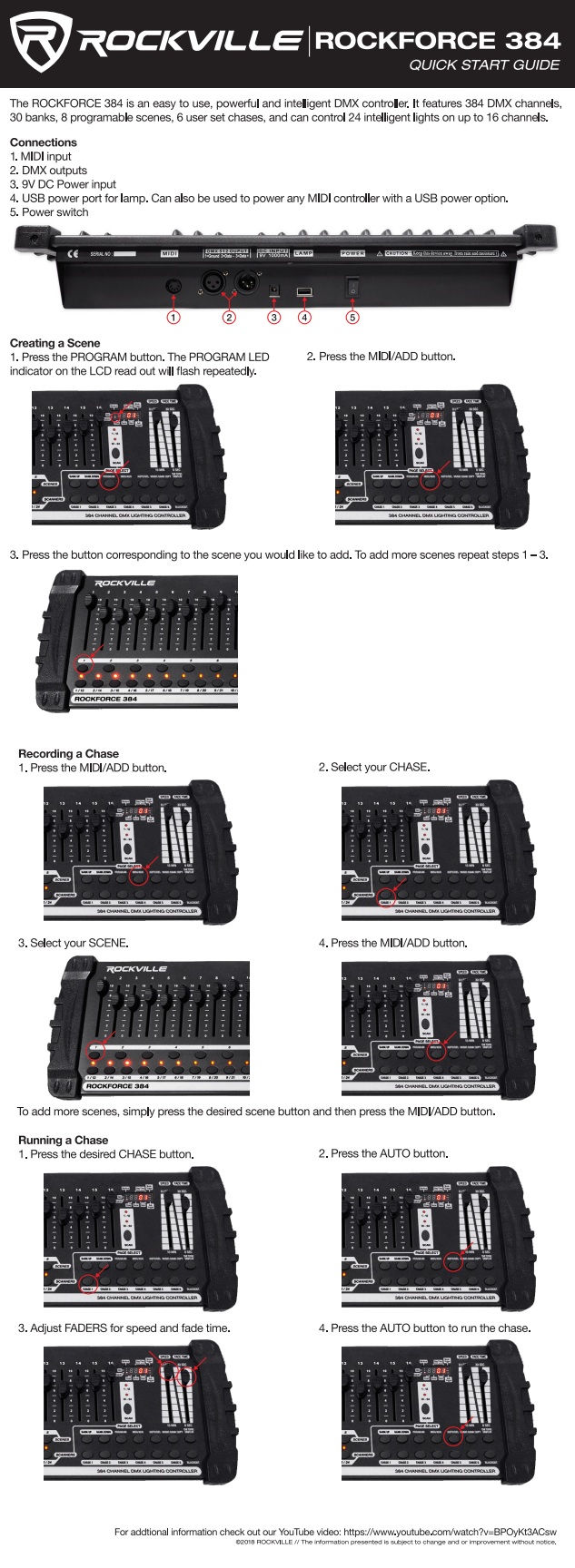 Rockville Rockforce 384 Quick Start Guide showing the rear connections of the 384-channel DMX lighting controller and illustrated instructions for creating scenes, recording chases, and running chases. The guide identifies the MIDI input, two DMX outputs, 9V DC power input, USB power port, and power switch, with numbered diagrams showing the buttons and faders used for programming and controlling lighting scenes and chases.