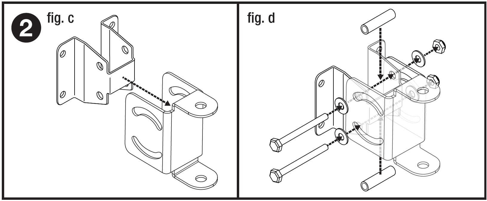 Two-panel assembly diagram labeled "2" in the top-left corner showing wall bracket assembly steps:  * **fig. c (Aligning brackets):** A dashed arrow shows the speaker-side mounting bracket fitting inside the U-shaped wall-mount base bracket. * **fig. d (Securing hardware):** An exploded view showing hardware insertion: two cylindrical spacers slide vertically into the inner bracket, two long hex bolts with washers insert horizontally through the outer bracket slots and internal spacers, and two washers with hex nuts attach to the threaded ends of the bolts to hold the assembly together.
