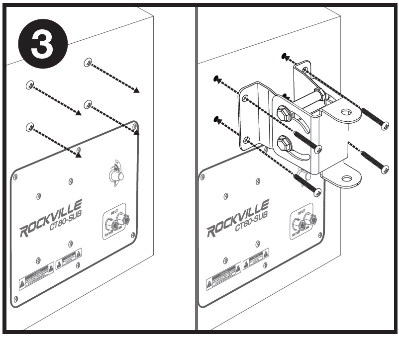 Two-panel assembly diagram labeled "3" in the top-left corner showing how to attach the bracket assembly to the subwoofer:  * **Left Panel (Screw removal):** Dashed arrows indicate the removal of four pre-installed Phillips screws from the side of the subwoofer cabinet directly above the "ROCKVILLE CT80-SUB" backplate. * **Right Panel (Bracket attachment):** Dashed arrows show the four Phillips screws being re-inserted through the mounting flange holes of the assembled metal bracket to secure it flush against the side of the subwoofer cabinet.