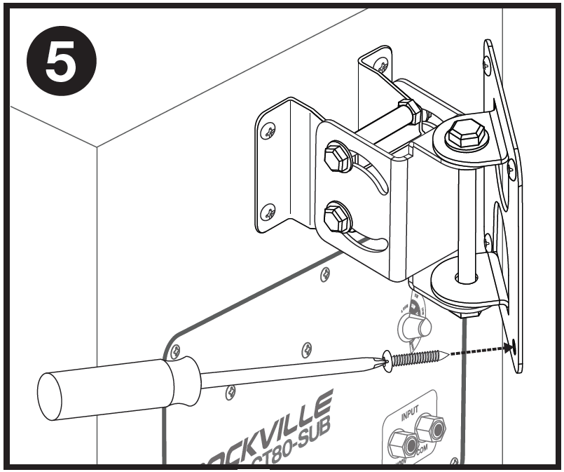 Single-panel installation diagram labeled "5" in the top-left corner showing wall mounting of the subwoofer assembly:  Fully Assembled Bracket: The bracket assembly is completely attached to both the side of the subwoofer cabinet and the vertical wall plate hinge.  Wall Fastening: A screwdriver drives a wood/wall screw horizontally (indicated by a dashed arrow) through the lower mounting hole of the vertical wall plate to secure the entire subwoofer assembly to the wall.