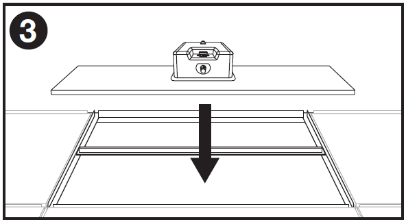 Single-panel line-art installation diagram labeled "3" in the top-left corner showing the installation of a drop-in ceiling speaker tile:  * **Speaker Tile Installation:** A bold black arrow points downward from a drop-in ceiling speaker assembly—featuring a rear terminal housing and tap selector knob mounted on top of a narrow rectangular tile—lowering it into an open slot within the suspended ceiling T-bar grid frame.