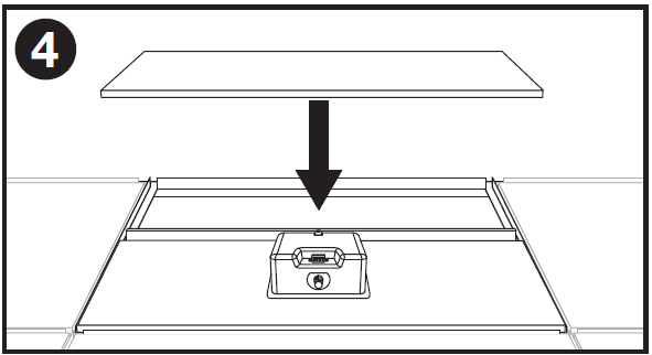 Single-panel line-art installation diagram labeled "4" in the top-left corner showing the final step in drop-ceiling speaker installation:  * **Final Tile Placement:** A bold black arrow points downward from a cut-to-size ceiling tile, showing it being lowered into the remaining open opening in the T-bar ceiling grid frame, directly behind the previously installed drop-in speaker tile assembly.