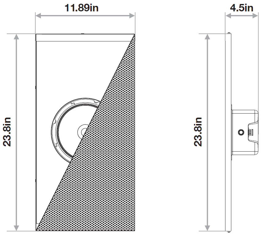 Dimensional line-art drawing showing front and side views with measurements for a rectangular drop-in ceiling speaker tile:  * **Front View (Left):** * Shows a rectangular faceplate with a diagonal cutaway exposing the internal speaker cone behind a mesh grille. * **Height:** Labeled along the vertical dimension as **23.8 in**. * **Width:** Labeled across the top horizontal dimension as **11.89 in**.   * **Side Profile View (Right):** * Displays the thin profile of the tile faceplate along with the rear terminal housing protruding from the back center. * **Height:** Labeled along the vertical dimension as **23.8 in**. * **Total Depth:** Labeled across the top horizontal dimension as **4.5 in** (measuring from the front faceplate to the back of the terminal housing enclosure).