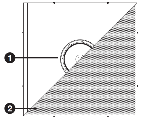 Black-and-white line-art diagram showing a cutaway front view of a square ceiling speaker tile with numbered callouts:  * **1:** A line points to the internal speaker cone/driver located inside the housing behind the mesh faceplate. * **2:** A line points to the textured mesh grille covering the front, shown partially cut away diagonally from the bottom-left corner to the top-right corner to reveal the driver inside.