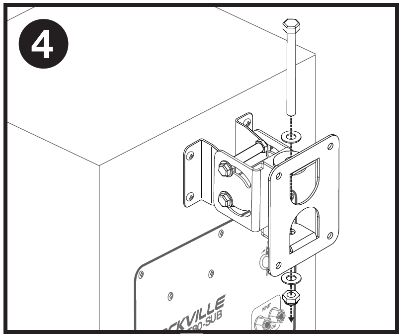 Single-panel assembly diagram labeled "4" in the top-left corner showing the final step to join the wall bracket and speaker bracket:  * **Hinge Pin Assembly:** A dashed vertical arrow shows a long hex bolt with a flat washer being inserted downward through the aligned top and bottom mounting tabs of the wall-plate bracket and the subwoofer-side bracket. * **Securing Hardware:** At the bottom end of the bolt, a second flat washer and a hex nut are shown aligning with a dashed arrow pointing down, indicating how to thread and tighten the nut to secure the vertical pivot point.