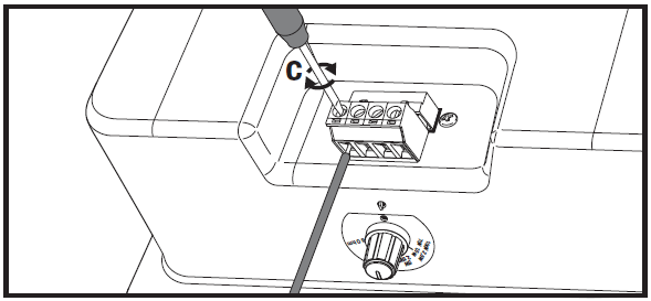 Black-and-white close-up line-art diagram illustrating the final step of securing wire connections in a Euroblock terminal block:  * **c (Securing the Connection):** A small screwdriver is placed into the top screw slot of the Euroblock terminal with a curved double-headed arrow labeled "**c**", indicating clockwise rotation to tighten the internal clamp down onto the inserted speaker wire. * **Terminal Block View:** The speaker wire is fully inserted into the front terminal port directly below the screw being tightened. * **Tap Selector Dial:** The rotary tap selector knob is visible below the recessed terminal block area on the back of the speaker.