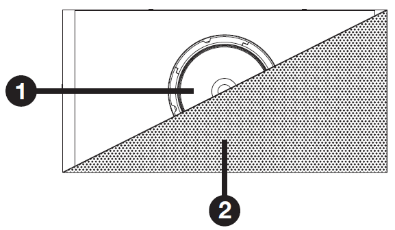 Black-and-white diagram showing a cutaway front view of a rectangular speaker cabinet with numbered callouts:  * **1:** A line points to the internal speaker cone/driver located inside the enclosure behind the mesh grille. * **2:** A line points to the textured mesh grille covering the front, shown partially cut away diagonally from the bottom-left corner to the top-right corner to reveal the driver inside.