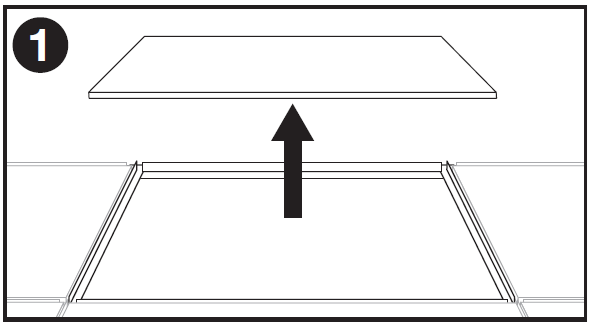 Single-panel line-art installation diagram labeled "1" in the top-left corner showing the first step in preparing a drop-ceiling grid:  * **Ceiling Tile Removal:** A bold black arrow points straight upward from an open square section of a drop-ceiling T-bar grid frame, indicating the removal of a flat, square ceiling tile straight up and out of the ceiling frame.