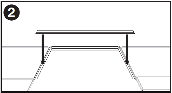 Single-panel line-art installation diagram labeled "2" in the top-left corner showing the second step in ceiling tile installation:  * **Speaker/Tile Placement:** Two bold black arrows point downward from a flat lay-in speaker tile (or replacement panel) toward the open square opening of the suspended drop-ceiling grid frame, indicating to lower the panel into place so it rests securely on the T-bar tracks.