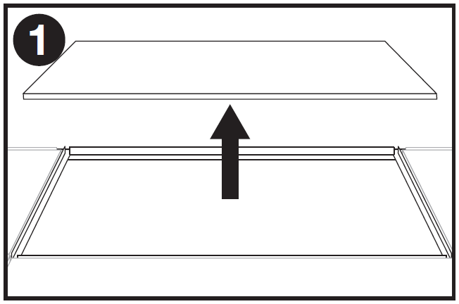 Single-panel line-art installation diagram labeled "1" in the top-left corner showing the initial step for installing a square ceiling speaker tile:  * **Ceiling Tile Removal:** A bold black arrow points straight upward from an open square opening in a drop-ceiling T-bar grid frame, indicating the removal of an existing square ceiling tile up and out of the ceiling structure.