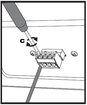 Black-and-white close-up line-art diagram showing the step for securing a speaker wire in a Euroblock (Euro-style) terminal block:  * **c (Tightening Screw):** A small screwdriver is positioned in the top screw slot of the leftmost terminal on a 4-pin Euroblock connector. A curved double-headed arrow labeled "**c**" indicates turning the screwdriver to tighten the terminal screw. * **Wire Insertion:** A single speaker wire is inserted into the front port directly below the terminal screw being tightened.