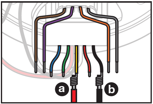 Detailed color wiring diagram showing multiple transformer tap leads extending from a speaker assembly, highlighting specific wire connections:  * **Transformer Tap Wires (Fan-Out Array):** * **Outer Upper Wires:** Brown, purple, orange, and grey wires extend out and frame the sides of the wire bundle down to exposed stripped leads. * **Inner Lower Wires:** Blue, green, pink, yellow, red, and black wires extend downward with exposed stripped leads.   * **Wire Splicing Callouts:** * **a (Positive Connection):** A red incoming wire marked **a** is twisted together with the yellow transformer wire. * **b (Negative Connection):** A black incoming wire marked **b** is twisted together with the black transformer wire.