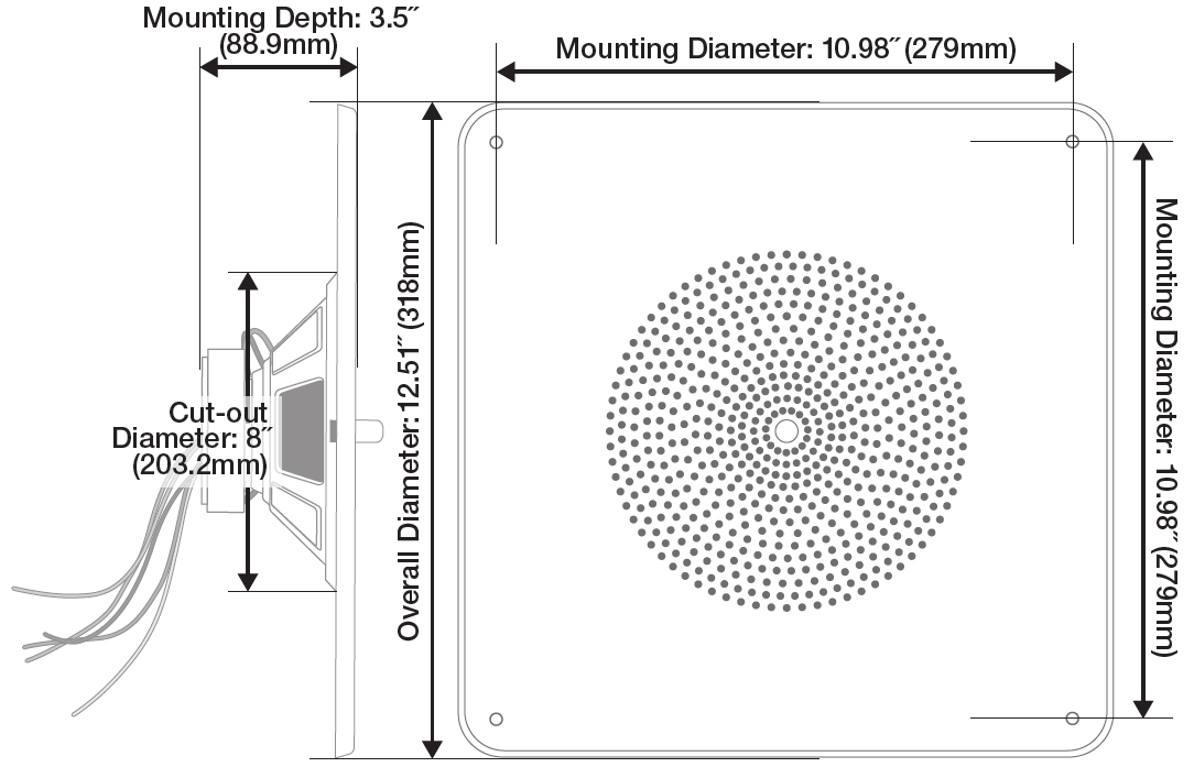 Dimensional line-art drawing showing side-profile and front views with physical specifications for a square in-ceiling speaker assembly:  * **Side Profile View (Left):** * **Mounting Depth:** Labeled along the top horizontal dimension as **3.5" (88.9mm)** from the rear of the faceplate flange to the back of the magnet assembly. * **Overall Diameter:** Labeled along the central vertical dimension as **12.51" (318mm)** across the height of the front square faceplate. * **Cut-out Diameter:** Labeled along the rear vertical dimension of the speaker cone basket as **8" (203.2mm)**. Loose wire leads extend out from the back of the speaker driver.   * **Front View (Right):** * **Mounting Diameter (Width & Height):** Labeled across the top horizontal and right vertical dimensions as **10.98" (279mm)**, measuring the distance between the four corner mounting screw holes. * **Grille & Faceplate:** Displays a square faceplate with rounded corners featuring a centered circular pattern of perforated grille holes.