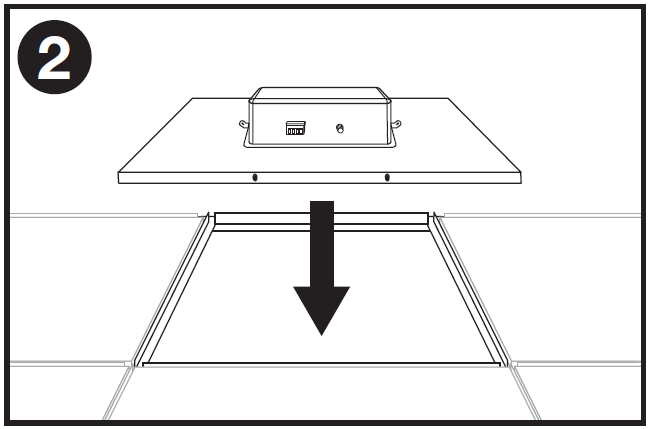 Single-panel line-art installation diagram labeled "2" in the top-left corner showing step two of installing a square ceiling speaker tile:  * **Speaker Tile Installation:** A bold black arrow points downward from a full square drop-in ceiling speaker tile assembly—featuring a rear back-can enclosure with a terminal block and tap dial—lowering it directly into an open square section of a drop-ceiling T-bar grid frame.