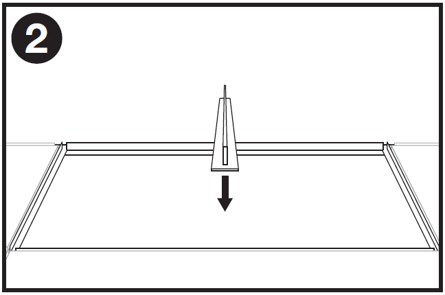 Single-panel line-art installation diagram labeled "2" in the top-left corner showing the second step in ceiling grid preparation:  * **T-Bar Cross-Runner Installation:** A narrow support rail (T-bar grid cross runner) with a vertical divider tab is being installed into the open ceiling grid space. A bold black arrow points straight downward, indicating to lower and snap the support rail into place across the frame to split the grid opening into smaller sections.