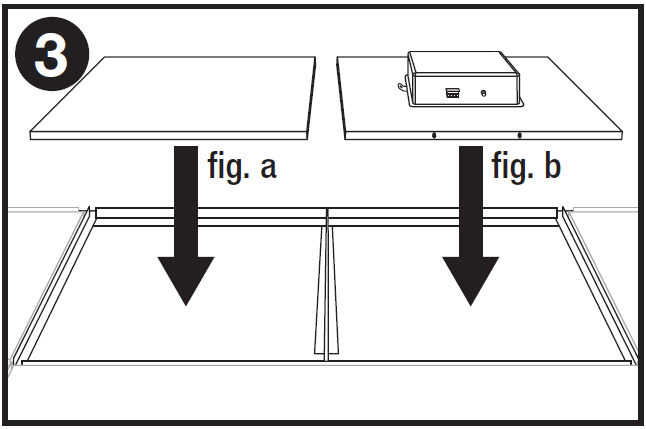 Single-panel line-art installation diagram labeled "3" in the top-left corner showing the dual placement of a ceiling tile and a speaker tile into a divided grid:  * **fig. a (Standard Tile Installation):** A bold black arrow labeled "**fig. a**" points downward from a cut-to-size plain ceiling tile into the left compartment of a divided drop-ceiling T-bar grid frame. * **fig. b (Speaker Tile Installation):** A bold black arrow labeled "**fig. b**" points downward from a half-size square drop-in ceiling speaker tile assembly—featuring a rear back-can enclosure—into the right compartment of the divided ceiling grid frame.