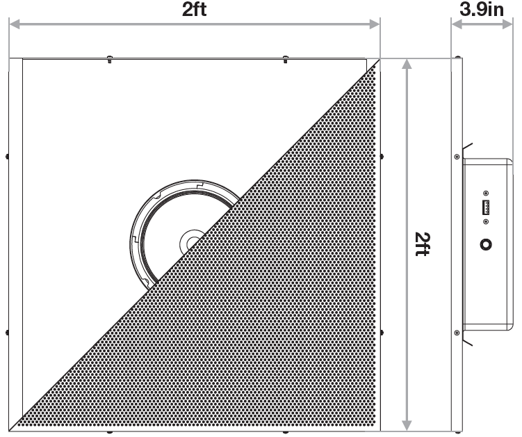 Dimensional line-art drawing showing front and side profile views with measurements for a square drop-in ceiling speaker tile:  * **Front View (Left):** * Displays a square faceplate with a diagonal cutaway from the bottom-left corner to the top-right corner, revealing the internal speaker driver cone behind the perforated mesh grille. * **Width:** Labeled across the top horizontal dimension as **2ft**.   * **Side Profile View (Right):** * Displays the slim side profile of the square tile faceplate with the rear metal enclosure (back-can) housing protruding from the center back, featuring the terminal block and control knob. * **Height:** Labeled along the vertical dimension as **2ft**. * **Total Depth:** Labeled across the top horizontal dimension as **3.9in** (measuring total thickness from the front tile face to the back of the terminal box).
