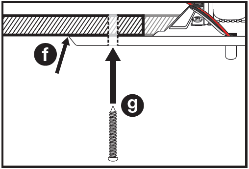 Side-profile line-art installation diagram showing how to flush-mount a speaker assembly to a ceiling tile:  * **f (Faceplate / Bezel Position):** An arrow labeled **f** points to the outer rim flange of the speaker's front faceplate, which sits flush against the bottom surface of the cross-hatched ceiling panel. * **g (Securing Screw):** A pointed mounting screw marked **g** is positioned below a pre-drilled mounting hole. A bold black arrow points straight up, indicating to drive the screw upward through the speaker bezel and into the ceiling structure to secure the assembly in place.