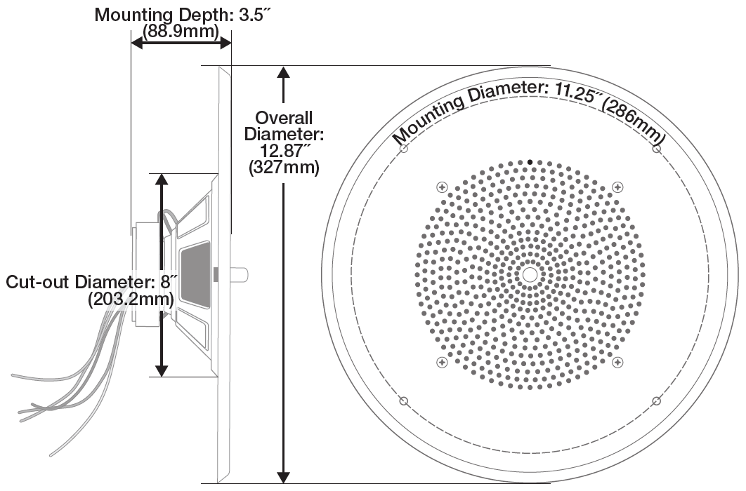 Dimensional line-art drawing showing side-profile and front views with physical specifications for a round in-ceiling speaker assembly:  * **Side Profile View (Left):** * **Mounting Depth:** Labeled along the top horizontal dimension as **3.5" (88.9mm)** from the rear of the faceplate flange to the back of the magnet structure. * **Overall Diameter:** Labeled along the central vertical dimension as **12.87" (327mm)** across the full width of the front bezel. * **Cut-out Diameter:** Labeled along the rear vertical dimension of the speaker cone basket as **8" (203.2mm)**. Loose wire leads extend out from the back of the speaker driver.   * **Front View (Right):** * **Mounting Diameter:** Labeled along a dashed circular bolt-pattern line as **11.25" (286mm)**, connecting four outer mounting screw holes. * **Grille & Faceplate:** Shows a round speaker faceplate with a central perforated mesh grille surrounded by four inner mounting screws.