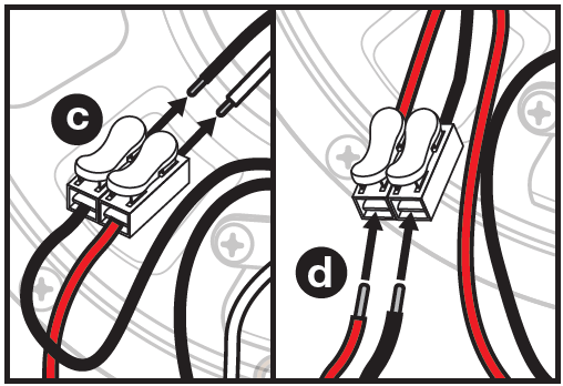 Two-panel line-art diagram detailing the use of lever-nut wire connectors to splice speaker wiring:  * **Panel c (Connecting Primary Wires):** * A 2-port lever wire connector receives a red-and-black paired wire into the front entry ports. * Two arrows pointing upward and to the right from the rear ports labeled **c** indicate inserting two outgoing stripped wires into the connector.   * **Panel d (Connecting Loop-Through / Secondary Wires):** * Shows the same 2-port lever connector with wires already secured in the rear. * Two arrows pointing straight up into the front ports labeled **d** indicate inserting a second set of stripped positive (red/black) and negative (black) wires into the remaining entry ports to pass through or loop the audio signal.