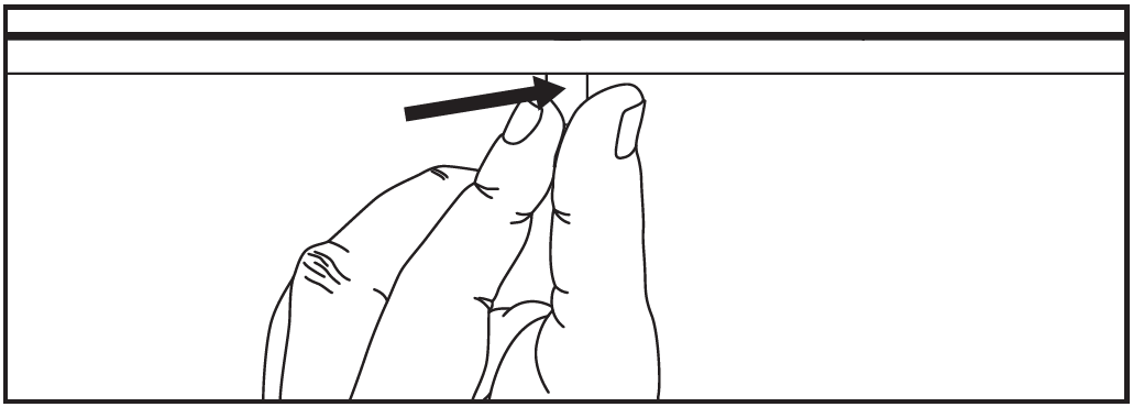 Close-up line-art diagram illustrating how to release or remove the front grille from a ceiling speaker assembly:  * **Grille Removal / Lever Mechanism:** A person's fingers are shown reaching up to pinch or press a small release tab located along the inner rim of the speaker's outer frame. A bold black arrow points directly to the tab, indicating where to apply pressure to detrend or unlatch the speaker grille.