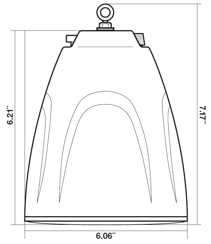 Dimensional line-art drawing showing side-profile physical specifications for a bell-shaped pendant speaker:  * **Enclosure Height:** Labeled along the left vertical dimension as **6.21"** from the bottom rim to the top edge of the speaker housing. * **Total Height:** Labeled along the right vertical dimension as **7.17"** from the bottom rim to the top tip of the hanging eyelet. * **Base Diameter:** Labeled along the bottom horizontal dimension as **6.06"** across the widest point at the speaker opening.