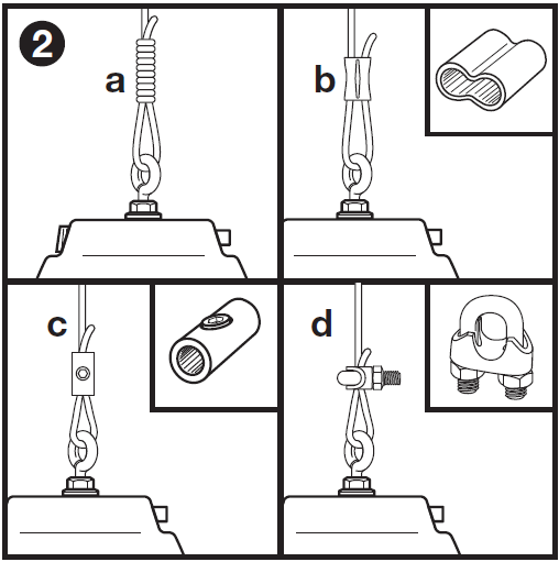 Four-panel instruction diagram labeled "**2**" illustrating four alternative methods for securing a looped wire suspension cable to a pendant speaker's eyelet:  * **Panel a (Wire Wrap / Spiral Knot):** * The tail of the suspension wire is wrapped tightly around the main standing cable in a series of spiral coils just above the eyelet loop.   * **Panel b (Swage / Crimping Sleeve):** * The standing cable and tail pass through a figure-8 oval crimping sleeve (shown detailed in a top-right inset), which is crimped tightly to secure the loop.   * **Panel c (Set-Screw Cable Lock):** * A cylindrical metal cable sleeve (shown detailed in a top-right inset) holds the parallel wires together using an internal set screw tightened against the cables.   * **Panel d (U-Bolt Wire Rope Clip):** * A standard U-bolt wire rope clamp (shown detailed in a top-right inset) fits over the parallel cables and is secured with two threaded nuts to clamp the loop closed.