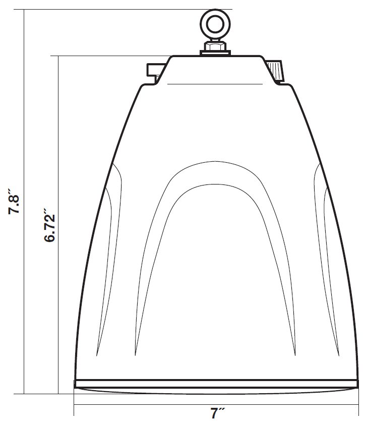 Dimensional line-art drawing showing side-profile physical specifications for a bell-shaped pendant speaker:  * **Enclosure Height:** Labeled along the inner left vertical dimension as **6.72"** from the bottom rim to the top edge of the speaker housing. * **Total Height:** Labeled along the outer left vertical dimension as **7.8"** from the bottom rim to the top tip of the hanging eyelet. * **Base Diameter:** Labeled along the bottom horizontal dimension as **7"** across the widest point at the speaker opening.