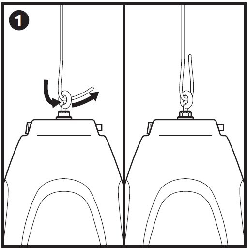 Two-panel line-art instruction diagram labeled "**1**" demonstrating how to thread a suspension cable through the mounting eyelet of a pendant speaker:  * **Left Panel (Threading Cable):** * Displays the top housing of a pendant speaker with a threaded eyelet bolt mounted at the top center. * A suspension cable extends down from above, passes through the eyelet loop, and curves back upward as indicated by two black directional arrows (one curved arrow pointing down into the eyelet, and another curved arrow pointing up and to the right out of the loop).   * **Right Panel (Loop Completed):** * Shows the suspension cable fully routed through the eyelet, forming a loop with a short tail extending upward parallel to the main hanging cable.