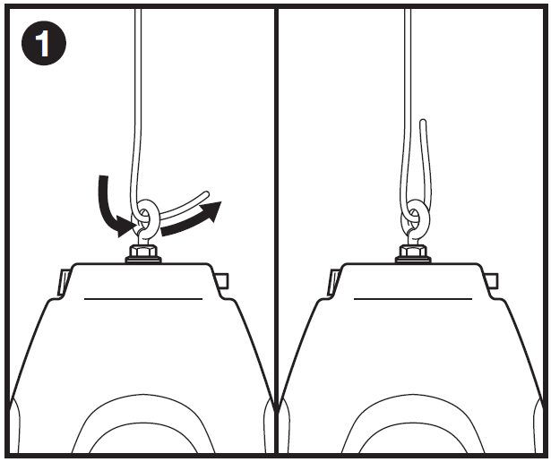Two-panel line-art instruction diagram labeled "**1**" demonstrating how to loop a suspension cable through a pendant speaker's hanging eyelet:  * **Left Panel (Threading Cable):** * Displays the top enclosure of a pendant speaker with a threaded eyelet bolt attached to the top center. * A suspension wire drops down from above, threads through the eyelet loop, and curves back upward as indicated by two black directional arrows (one pointing down into the loop, one pointing up and to the right out of the loop).   * **Right Panel (Threaded Loop Complete):** * Shows the suspension wire fully threaded through the eyelet, leaving an extended tail running parallel to the main hanging cable above the speaker.