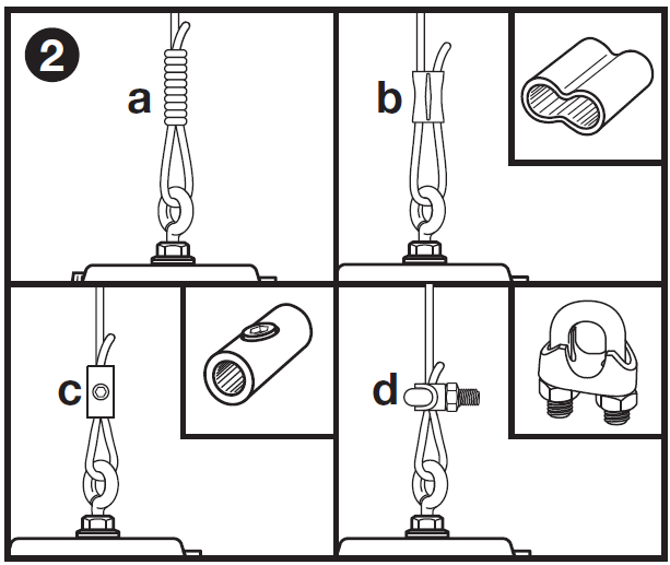 Four-panel instruction diagram labeled "**2**" illustrating four different methods for securing a looped wire suspension cable to a pendant speaker eyelet:  * **Panel a (Wire Wrapping / Knotting):** * The tail of the suspension wire is wrapped tightly around the main standing cable in a series of spiral coils above the eyelet loop.   * **Panel b (Swage / Crimping Sleeve):** * Both the standing wire and tail are passed through a figure-8 oval crimping sleeve (shown detailed in a top-right inset). The sleeve is crimped tightly to hold the loop in place.   * **Panel c (Set-Screw Cable Lock):** * A cylindrical metal cable lock (shown detailed in a top-right inset) slides over the wire loop and is secured by tightening a set screw against the cables.   * **Panel d (U-Bolt Wire Rope Clip):** * A standard U-bolt wire rope clamp (shown detailed in a top-right inset) fits over the parallel cables and is tightened down with nuts to clamp the loop closed.