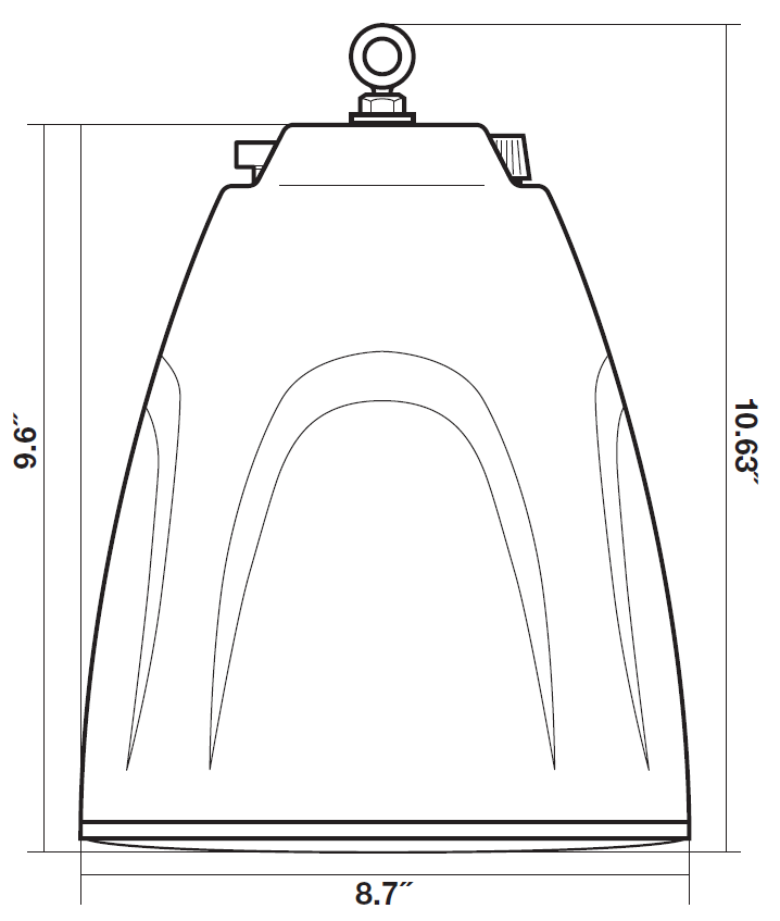 Dimensional line-art drawing showing side-profile physical specifications for a bell-shaped pendant speaker:  * **Enclosure Height:** Labeled along the left vertical dimension as **9.6"** from the bottom rim to the top edge of the speaker housing. * **Total Height:** Labeled along the right vertical dimension as **10.63"** from the bottom rim to the top tip of the hanging eyelet. * **Base Diameter:** Labeled along the bottom horizontal dimension as **8.7"** across the widest point at the speaker opening.