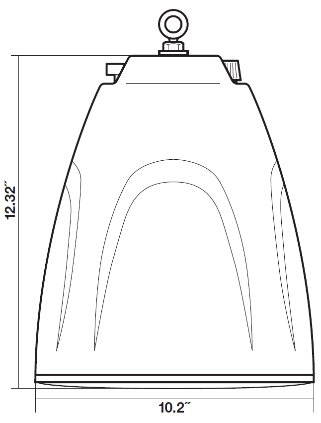 Dimensional line-art drawing showing side-profile physical specifications for a bell-shaped pendant speaker:  * **Enclosure Height:** Labeled along the left vertical dimension as **12.32"** from the bottom rim to the top edge of the speaker housing. * **Base Diameter:** Labeled along the bottom horizontal dimension as **10.2"** across the widest point at the speaker opening. * **Hardware Details:** Features a threaded eyelet bolt mounted at the top center above the housing, along with rear-panel input ports and control knobs along the top shoulder of the enclosure.