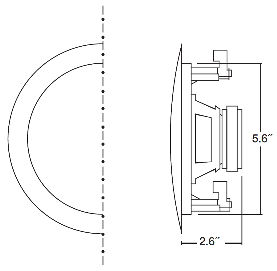 A technical dimensional drawing displaying the physical measurements for the Rockville CCL5T ceiling speaker:  Front Profile (Left): A semi-circular line drawing illustrating the front bezel curve and inner driver diameter bisected by a vertical centerline.  Side Profile & Measurements (Right): A lateral cross-section diagram outlining the speaker housing, driver magnet, mounting clamps, and front grille profile:  Cutout Diameter: A vertical dimension line across the rear mounting chassis indicates a cutout diameter requirement of 5.6" (5.6 inches).  Mounting Depth: A horizontal dimension line extending from the front flange to the back of the magnet structure indicates a mounting depth clearance of 2.6" (2.6 inches).