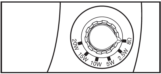 A detailed line drawing depicting a rotary tap selector switch on a commercial ceiling speaker:Dial Design: A circular selector knob with a scalloped grip ring and a teardrop-shaped pointer. The pointer is currently set to the $8\,\Omega$ position on the far-right.Tap Settings & Labels: Surrounding the outer bezel of the switch, tick marks indicate six operational settings:$8\,\Omega$: 8-ohm bypass mode (far-right position).2.5W: 2.5-watt power tap.5W: 5-watt power tap.10W: 10-watt power tap.15W: 15-watt power tap.20W: 20-watt power tap (far-left position).