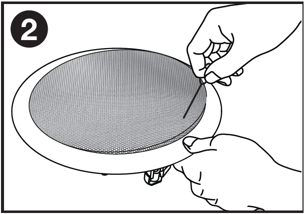 A technical installation line drawing labeled with the number 2 in the top-left corner detailing speaker grille removal:  Speaker Housing: Shows a circular ceiling speaker lying flat, featuring a smooth outer bezel flange, a mounting clamp visible underneath, and a fine mesh protective grille covering the driver assembly.  Removal Technique: A hand at the lower-right stabilizes the speaker rim, while a hand at the top-right uses a thin removal tool inserted under the outer edge of the mesh grille to detach it from the speaker bezel.