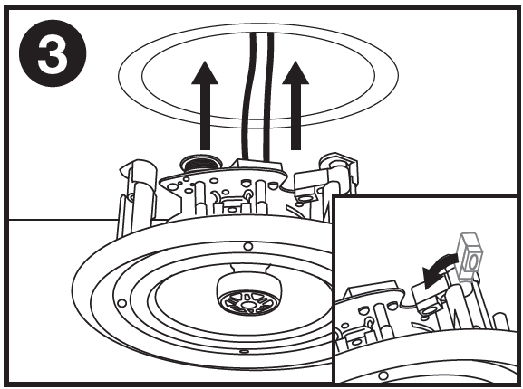 A technical installation line drawing labeled with the number 3 in the top-left corner, detailing the ceiling placement process:  Main Diagram:  Ceiling Opening: Displays a circular cutout opening in the ceiling with speaker wires hanging down through the center.  Upward Insertion: Two thick upward-pointing arrows indicate pushing the body of the ceiling speaker assembly straight up into the prepared hole.  Speaker Profile: Shows the exposed front speaker cone, central tweeter assembly, outer bezel flange, and rear mounting hardware.  Inset Box (Bottom Right):  Clamp Detail: A close-up view showing a mounting dog-leg clamp mechanism, with a curved directional arrow illustrating how the mounting ear rotates outward to grip the backside of the drywall ceiling.