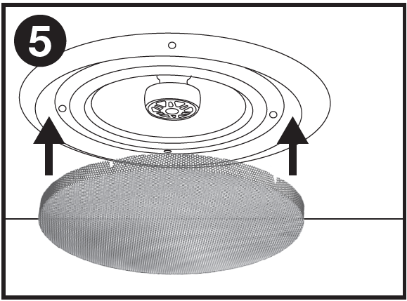 A technical installation line drawing labeled with the number 5 in the top-left corner, detailing the final grille reattachment step:  Mounted Speaker Housing: Shows the installed circular ceiling speaker facing downward, displaying the center tweeter, woofer cone, inner screw mounting holes, and outer bezel ring flush against the ceiling surface.  Grille Installation: A round, mesh metal grille is positioned directly below the speaker assembly. Two large upward-pointing arrows on the left and right indicate pressing the grille firmly upward into place to snap or magnetically attach it back over the exposed speaker faceplate.