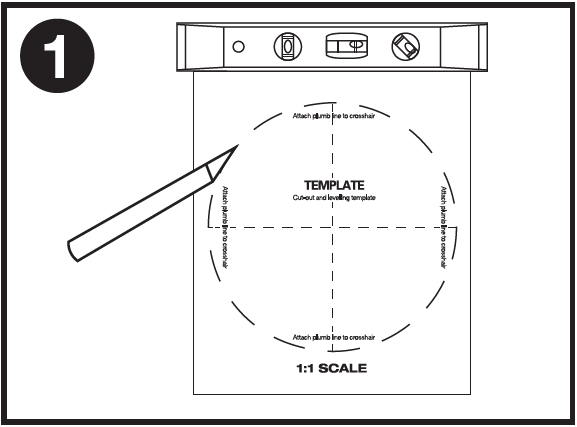 A technical installation schematic labeled with the number 1 in the top-left corner detailing the template preparation step:  Leveling Tool: A bubble level tool is positioned horizontally across the top edge of a paper template sheet to ensure straight alignment.  Cutout Template Details:  Features a central circular dashed line labeled "TEMPLATE Cut-out and levelling template" with crosshair centerlines extending vertically and horizontally.  Printed text along the four crosshair outer points reads "Attach plumb line to crosshair".  The bottom of the paper sheet reads "1:1 SCALE".  Tracing Action: A pencil on the left points toward the outer dashed circle, demonstrating tracing the circular pattern onto the mounting surface.