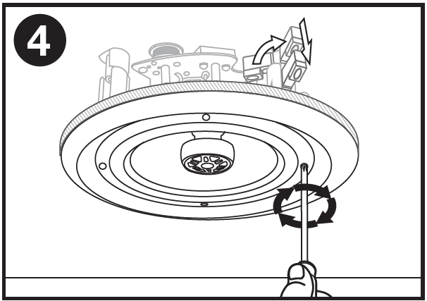 A technical installation line drawing labeled with the number 4 in the top-left corner, detailing how to secure the speaker mounting clamps:  Fastening Action: A hand at the bottom uses a screwdriver engaged with a front-facing screw head on the speaker bezel. Circular arrows around the screwdriver shank indicate turning clockwise to tighten.  Clamp Mechanism Movement:  Curved and downward-pointing arrows above the mounting bracket show that turning the screw causes the dog-leg clamp ear to swing outward and move downward.  The clamp ear pulls down tight against the top surface of the ceiling material to sandwich the ceiling board securely against the outer front bezel.
