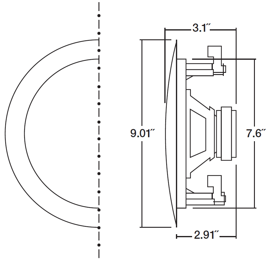 A technical dimensional drawing showing physical measurements for the Rockville CCL6T ceiling speaker:  Front Profile (Left): A semi-circular line drawing displaying the outer bezel ring and inner driver boundary bisected by a vertical centerline.  Side Profile & Measurements (Right): A lateral cross-section diagram detailing the front grille curve, mounting flange, rear driver basket, clamp assemblies, and magnet depth:  Overall Outer Diameter: A vertical dimension line spanning the total height of the curved front grille faceplate measures 9.01" (9.01 inches).  Cutout Diameter: A vertical dimension line across the rear mounting chassis indicates a cutout opening requirement of 7.6" (7.6 inches).  Mounting Depth: A horizontal dimension line at the bottom extending from behind the outer mounting flange to the back of the clamp structure measures 2.91" (2.91 inches).  Total Depth: A horizontal dimension line at the top measuring from the front edge of the convex grille to the back of the mounting assembly indicates a total depth of 3.1" (3.1 inches).