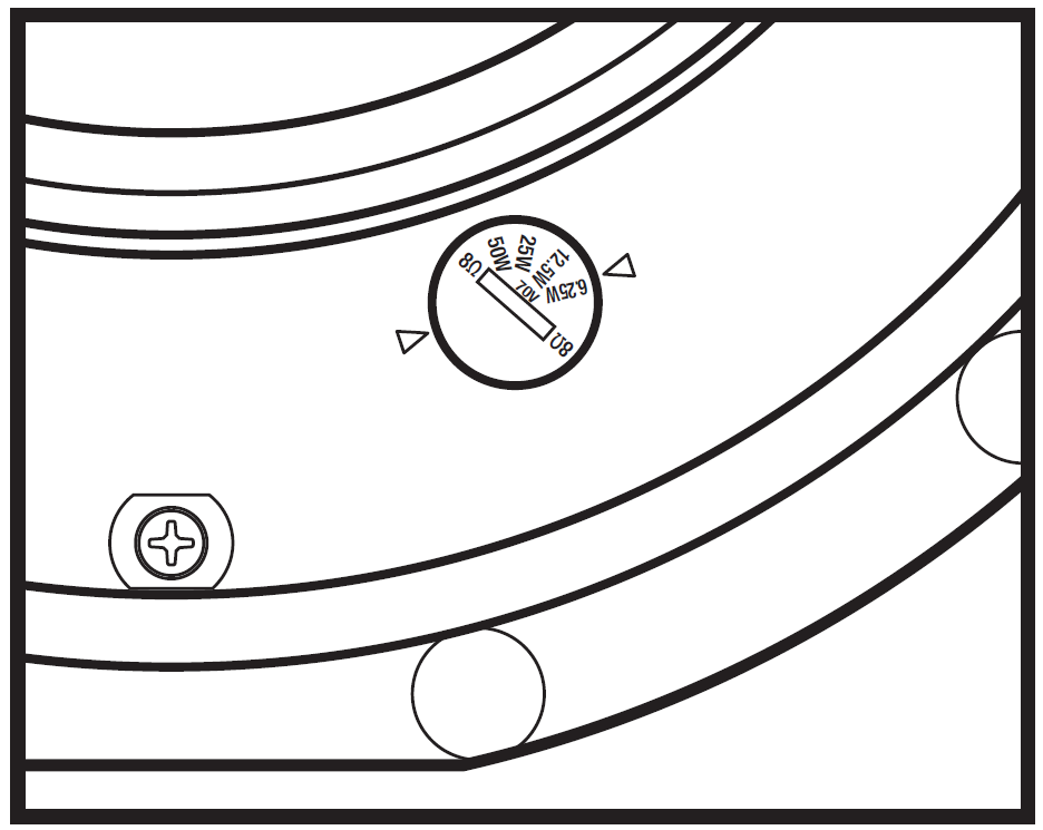 A detailed line drawing illustrating a slotted rotary transformer tap selector switch set into the front baffle or housing of a commercial speaker:  Dial Mechanism: A small circular rotary switch featuring a center flathead screwdriver slot. Two triangular indicator arrows flank the outer rim of the switch to align with selected settings.  Tap Settings & Labels:  70V Transformer Taps: Wattage settings printed along the upper arc including 50W, 25W, 12.5W, and 6.25W, grouped under a 70V label bracket.  Bypass Settings: Low-impedance 8$\Omega$ bypass options positioned on either side of the wattage tap range.  Surrounding Features: Set along a curved inner bezel ring, with a Phillips-head screw visible on the lower-left and circular alignment markers along the outer border.